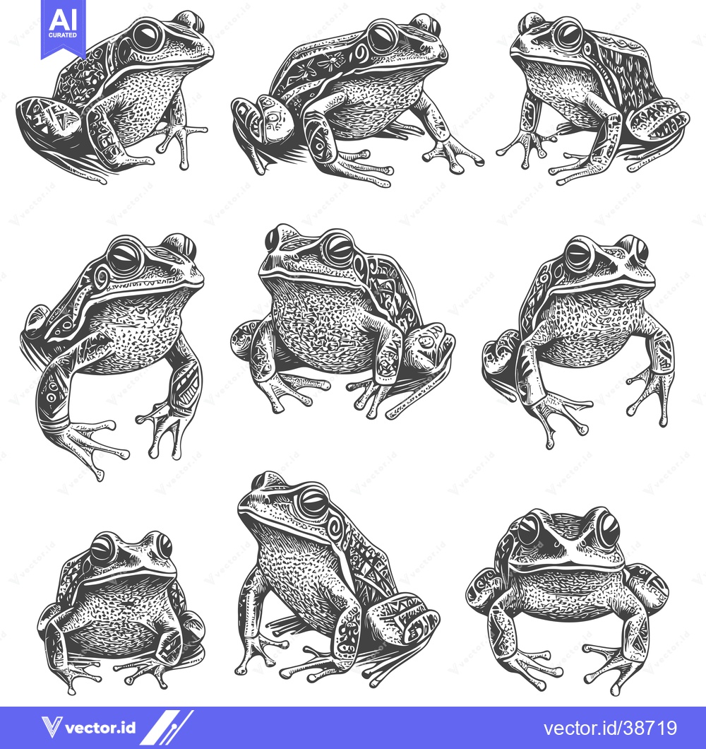 Premium Vector dari Eight Detailed Black and White Illustrations of Frogs