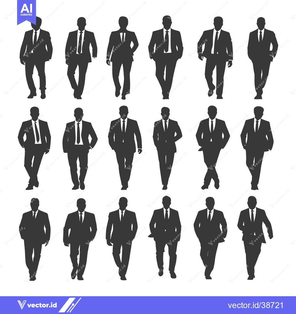 Premium Vector dari Eighteen Silhouettes of Men in Suits, Walking in Various Poses