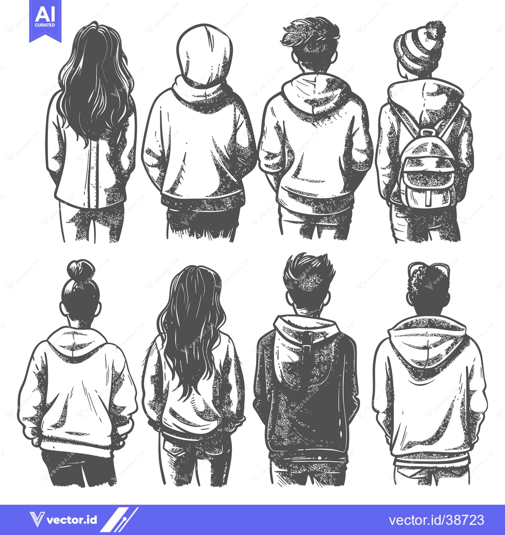 Premium Vector dari Eight People in Hoodies and Winter Clothing Viewed From Behind