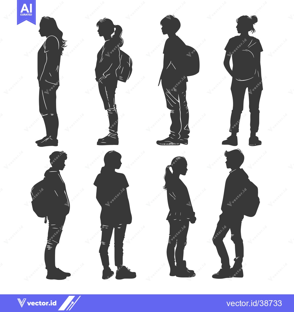 Premium Vector dari Eight Silhouettes of People with Backpacks Standing in Profile