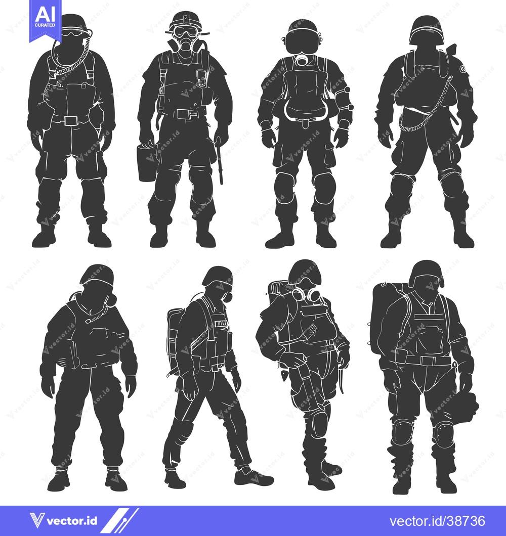 Premium Vector dari Eight Silhouettes of Soldiers in Military Gear and Gas Masks