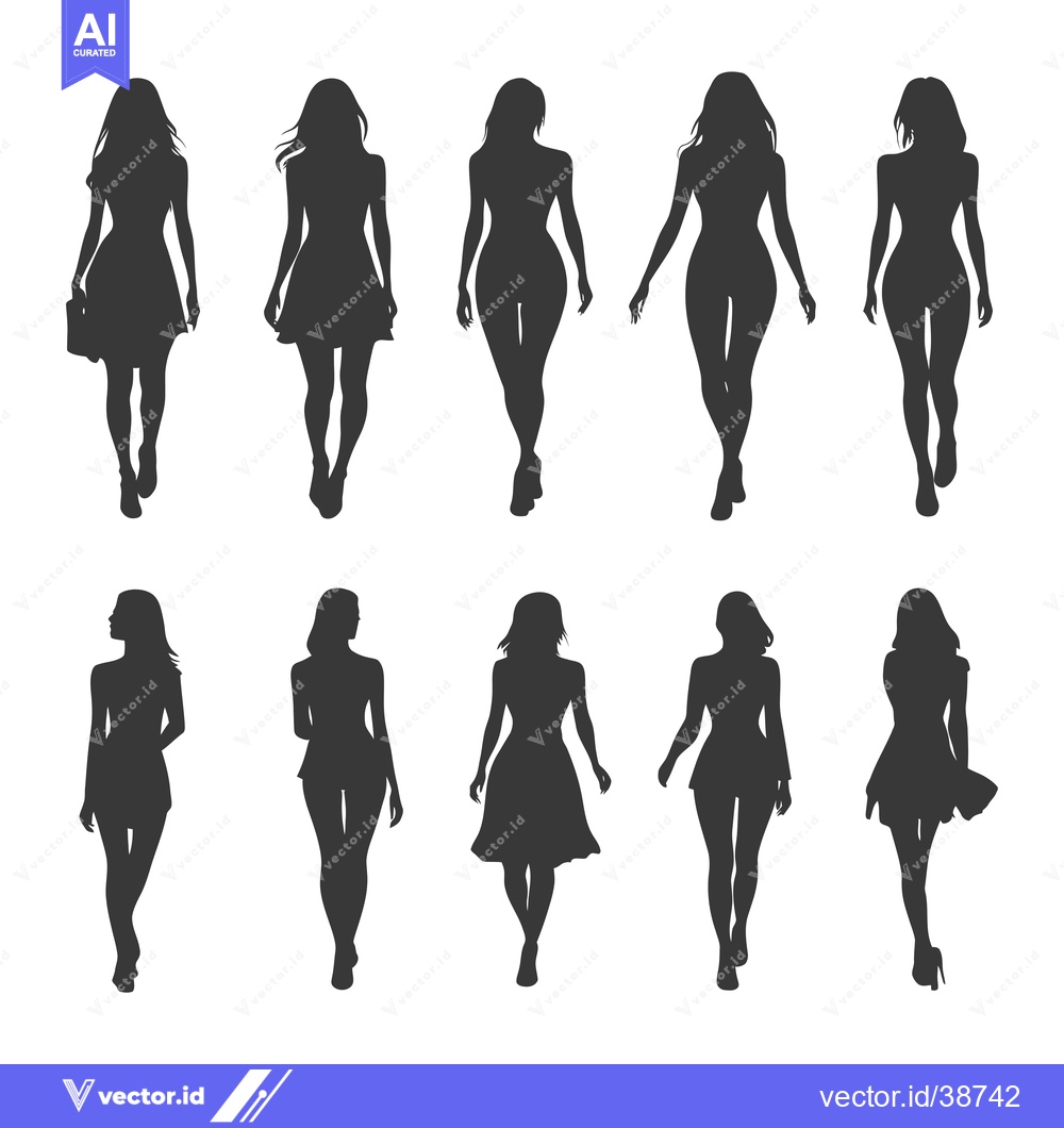Premium Vector of Eight Silhouettes of Women Walking in Dresses