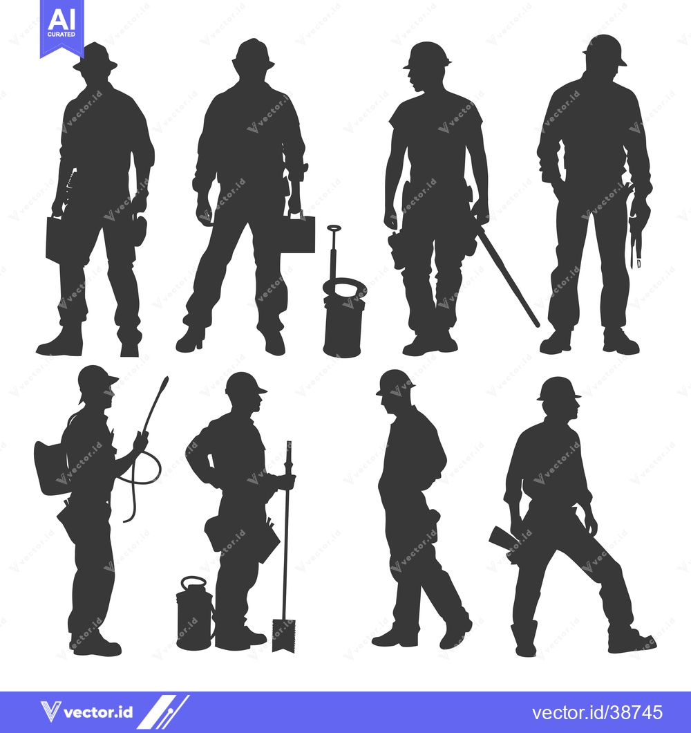 Premium Vector of Eight Silhouettes of Workers Holding Tools