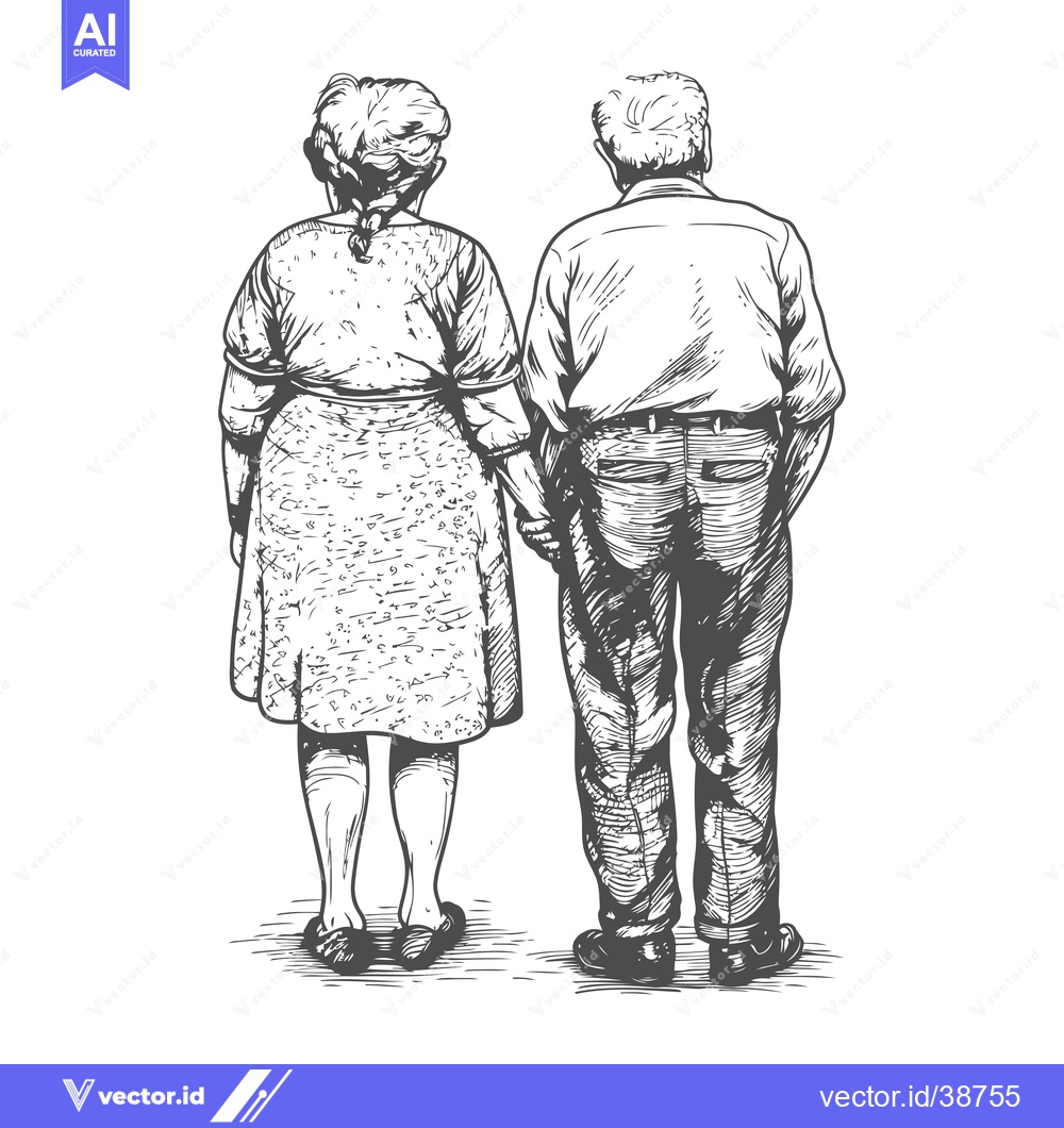 Premium Vector dari Elderly Couple Holding Hands, Back View, Sketch Style