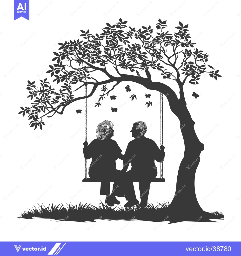 Premium Vector of Elderly Couple Sitting on a Swing Under a Tree with Butterflies