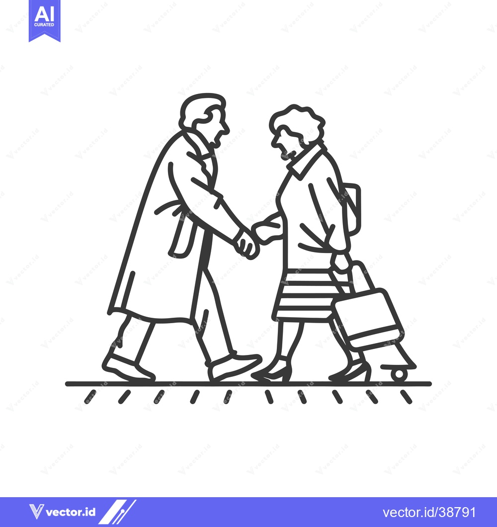 Premium Vector dari Elderly Couple Walking with Luggage, Black and White Line Art