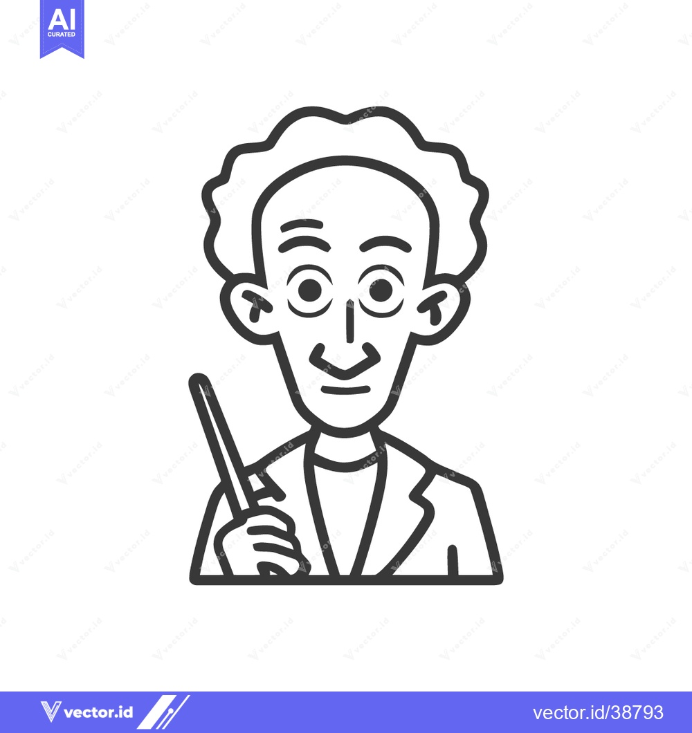 Premium Vector of Cartoon Professor with Pointer: Black and White Line Art Illustration