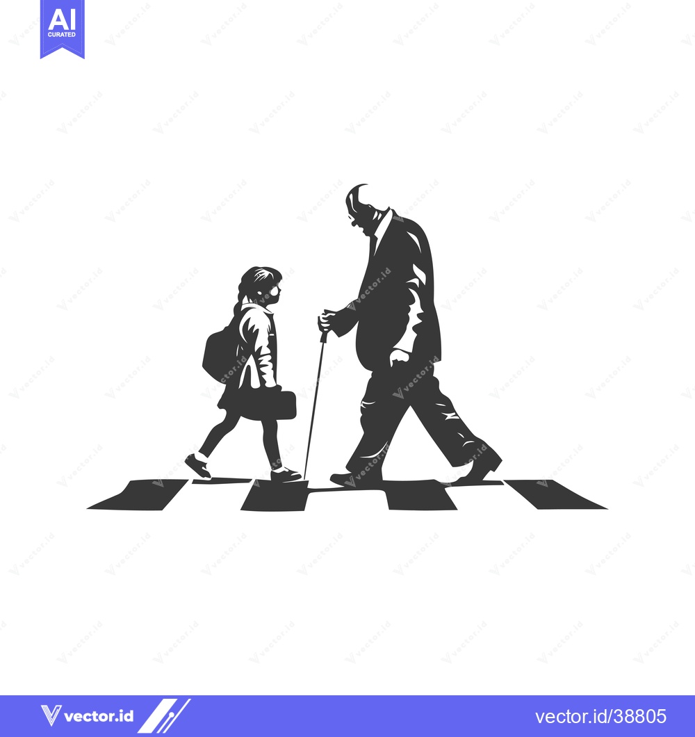 Premium Vector of Elderly Man and Young Girl Crossing a Crosswalk