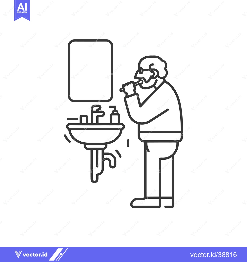 Premium Vector dari Elderly Man Brushing Teeth in Front of Bathroom Mirror