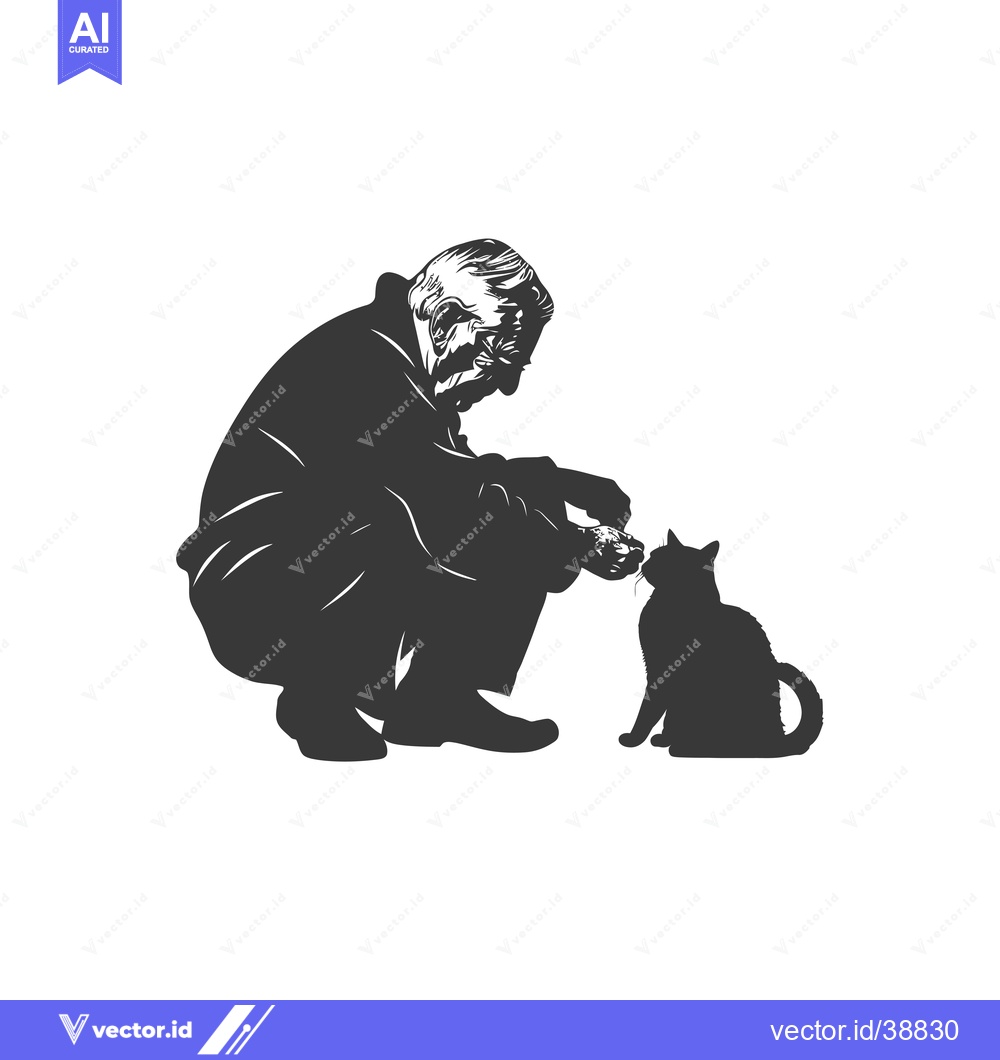 Premium Vector of Elderly Man Feeding a Cat with His Hand