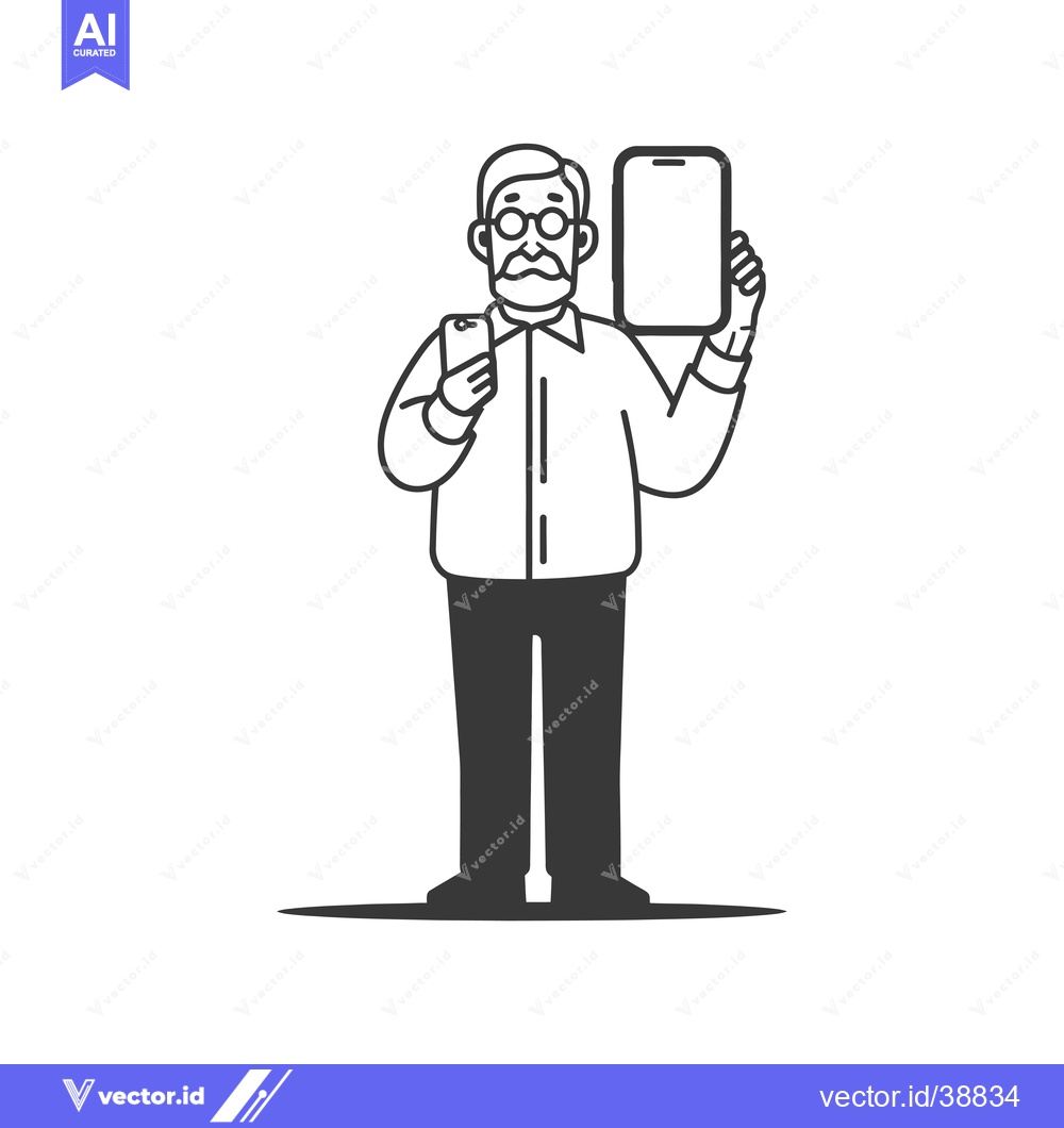 Premium Vector of Elderly Man Holding a Smartphone and a Tablet