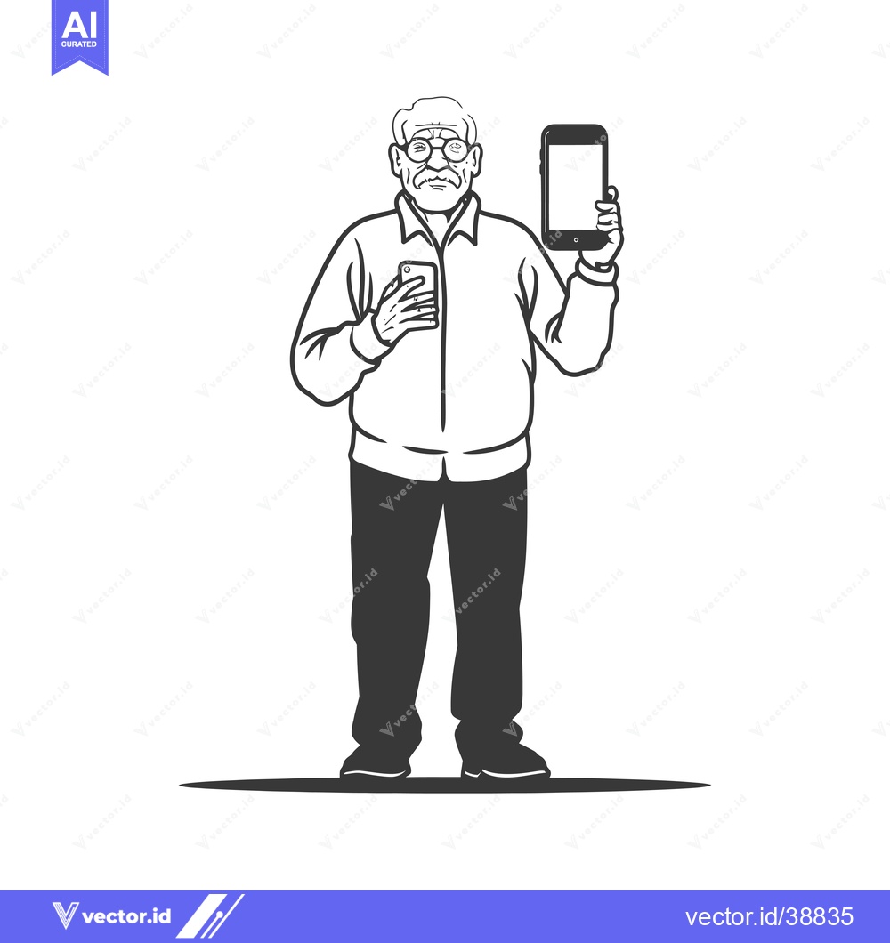 Premium Vector of Elderly Man Holding a Smartphone and a Tablet