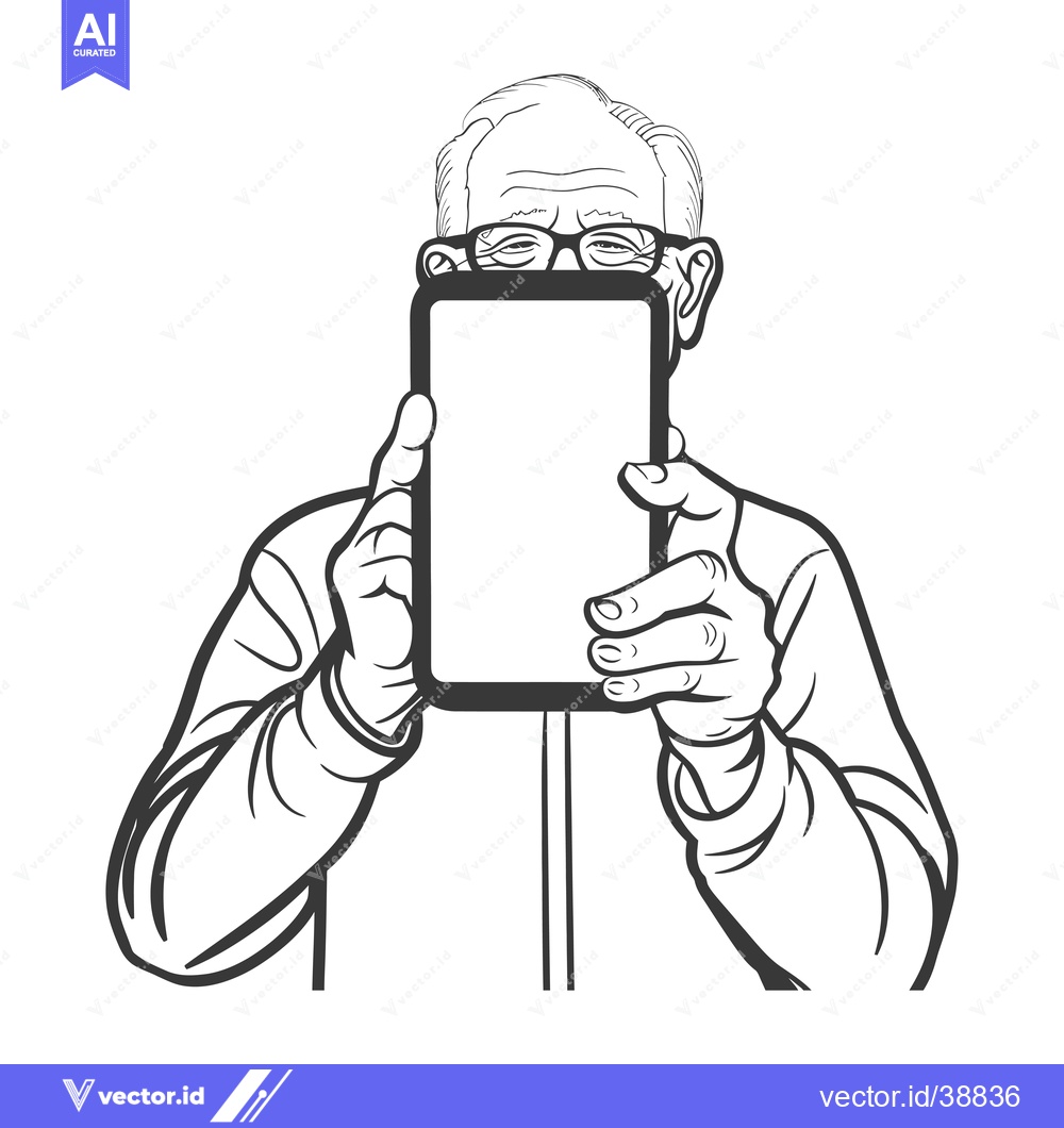 Premium Vector of Elderly man holding a smartphone, smiling behind the screen