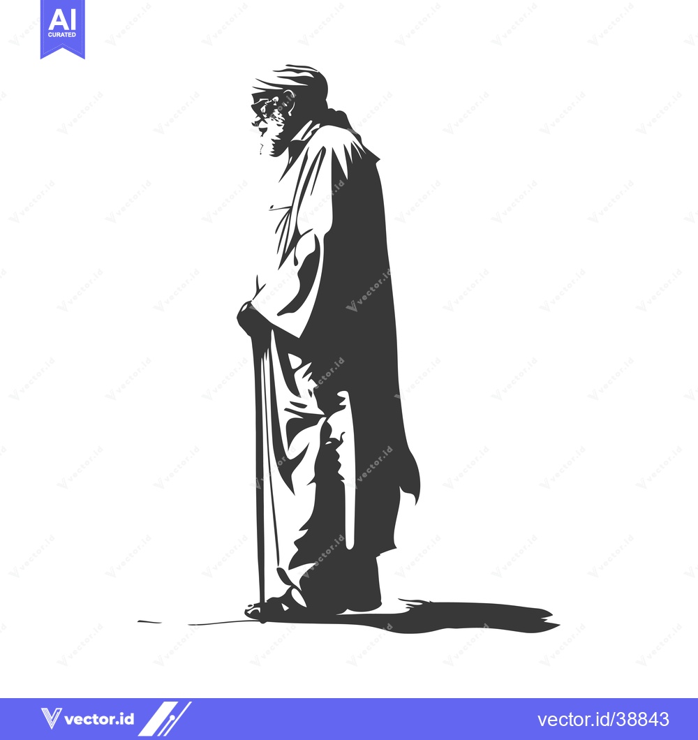 Premium Vector of Elderly Man in a Long Robe Holding a Walking Stick