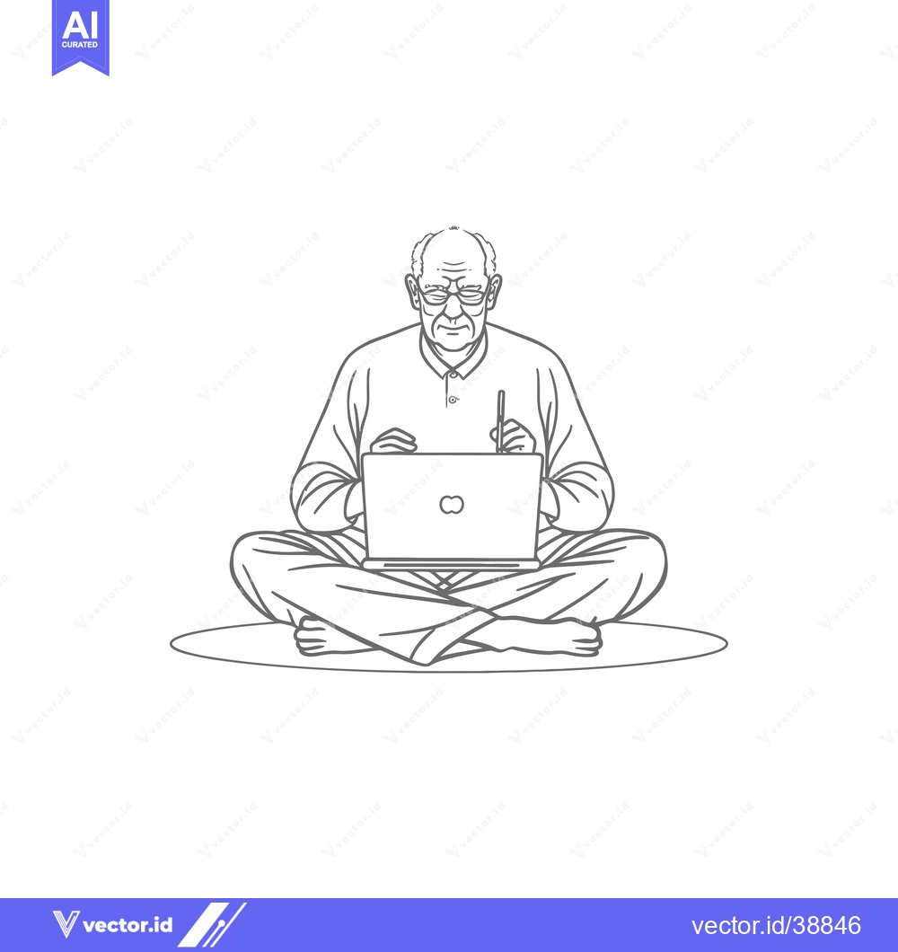 Premium Vector of Elderly man in glasses sitting cross-legged, using a laptop