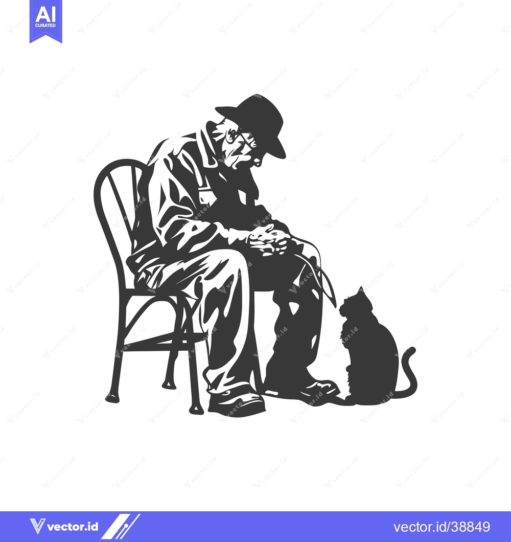 Premium Vector dari Elderly Man in Hat Sitting on a Chair with a Cat