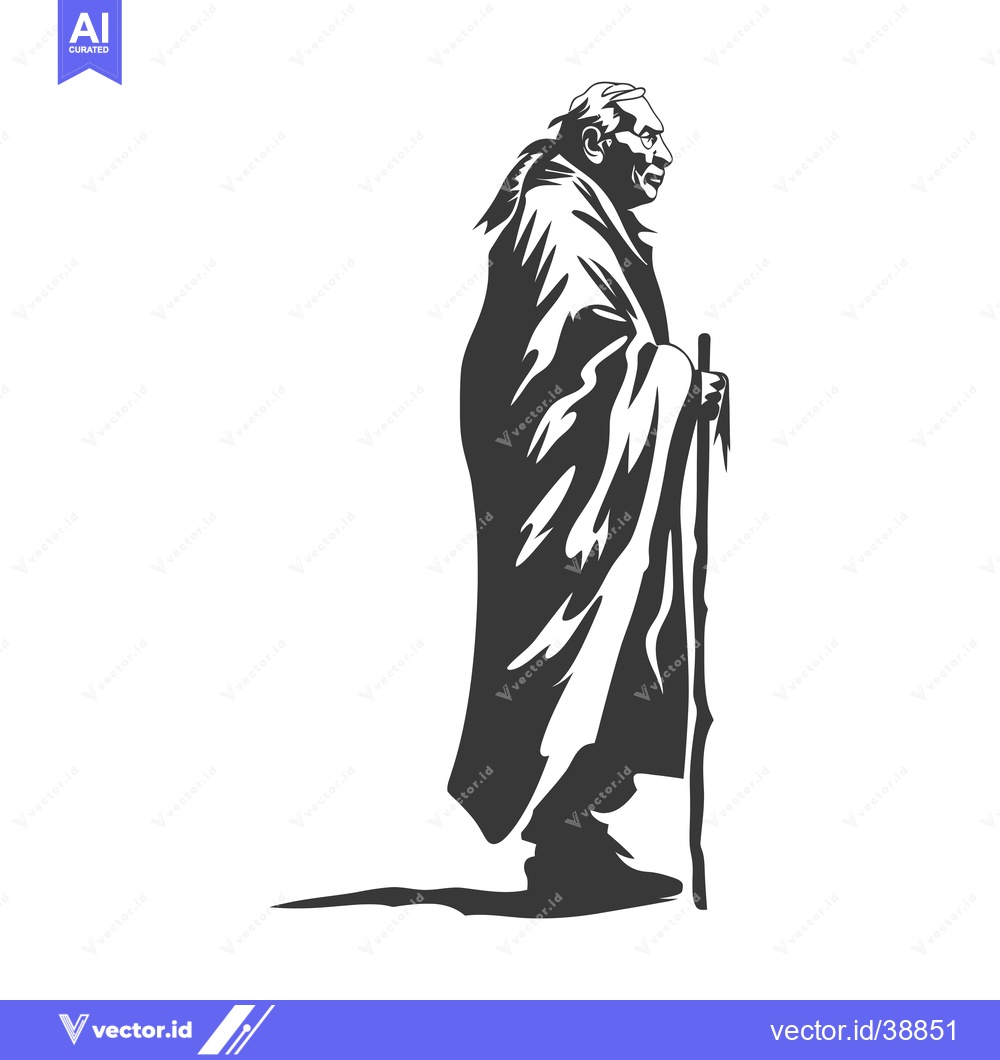 Premium Vector of Elderly Man in Robe Holding a Walking Stick