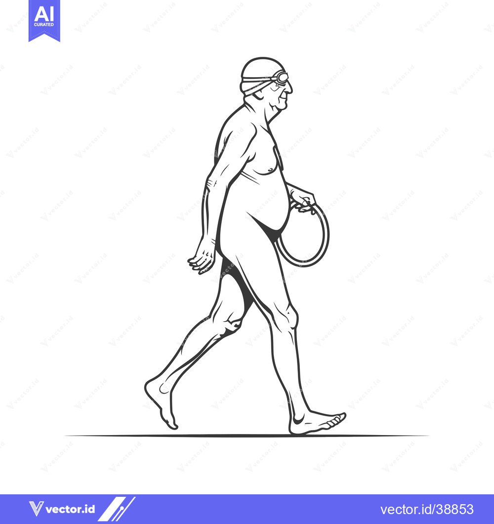 Premium Vector of Elderly Man in Swim Cap and Goggles Walking with a Pool Noodle