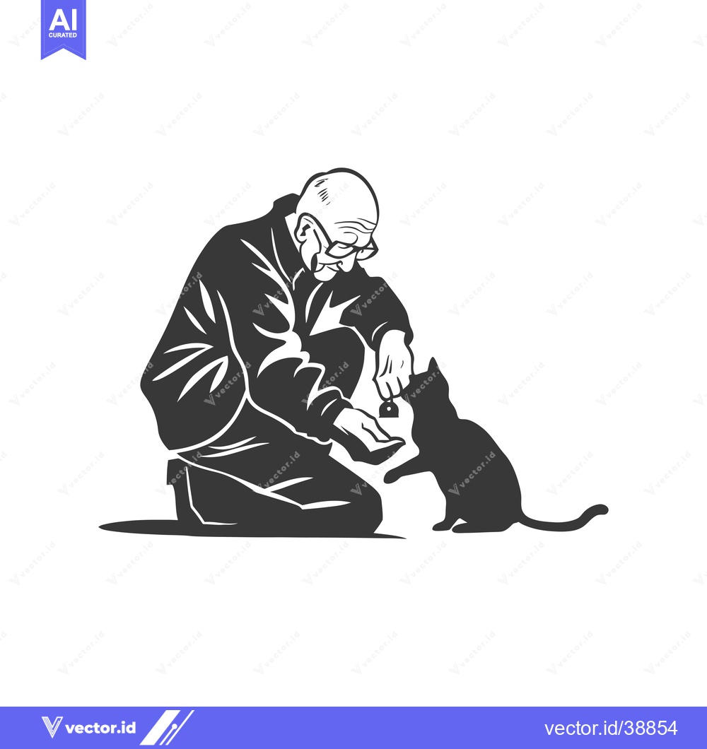 Premium Vector of Elderly Man Kneeling and Feeding a Cat