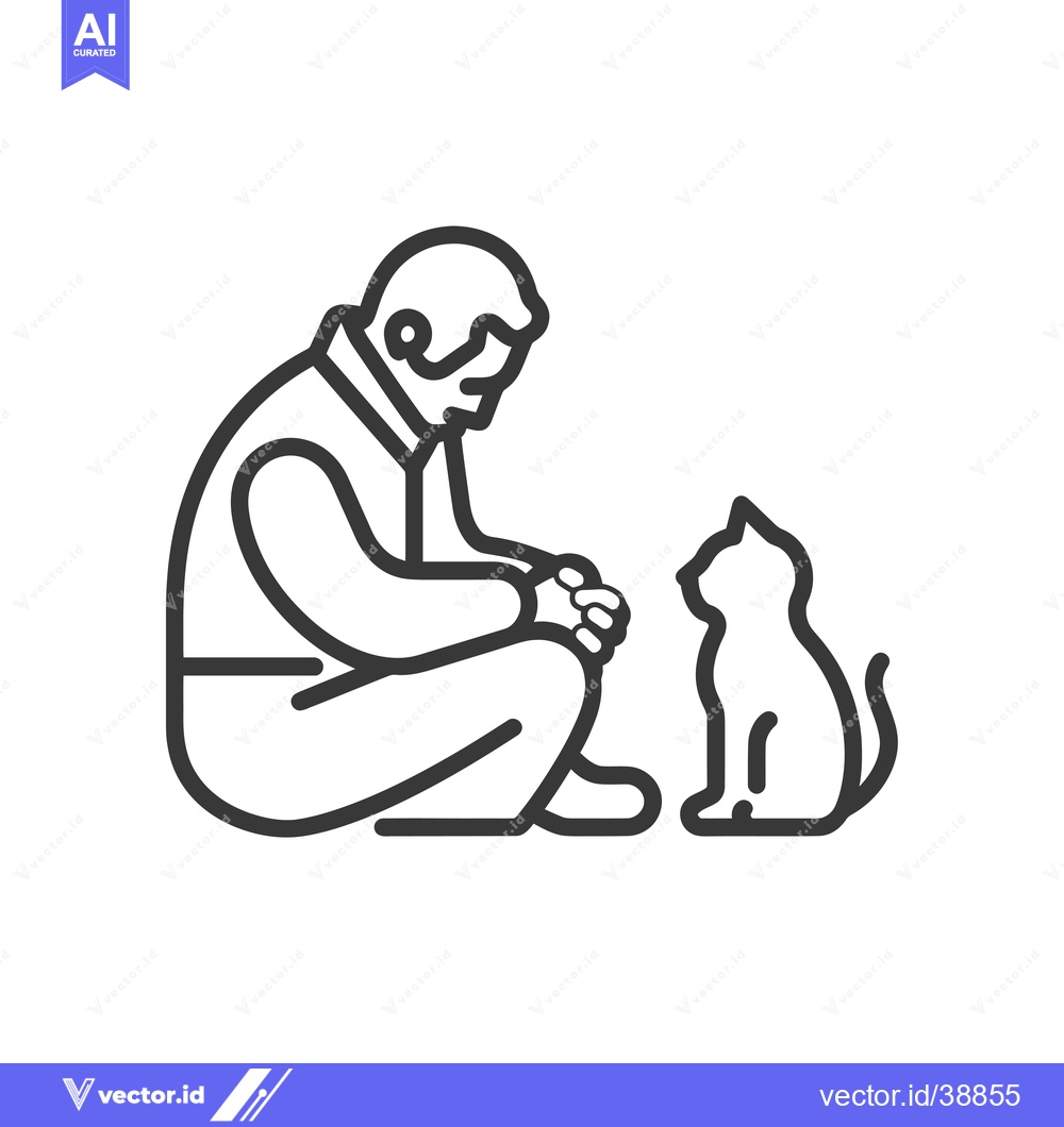 Premium Vector of Elderly Man Kneeling and Looking at a Cat