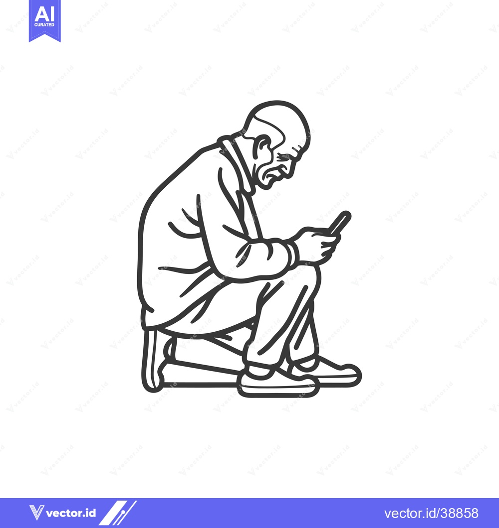 Premium Vector dari Elderly Man Kneeling and Using a Smartphone