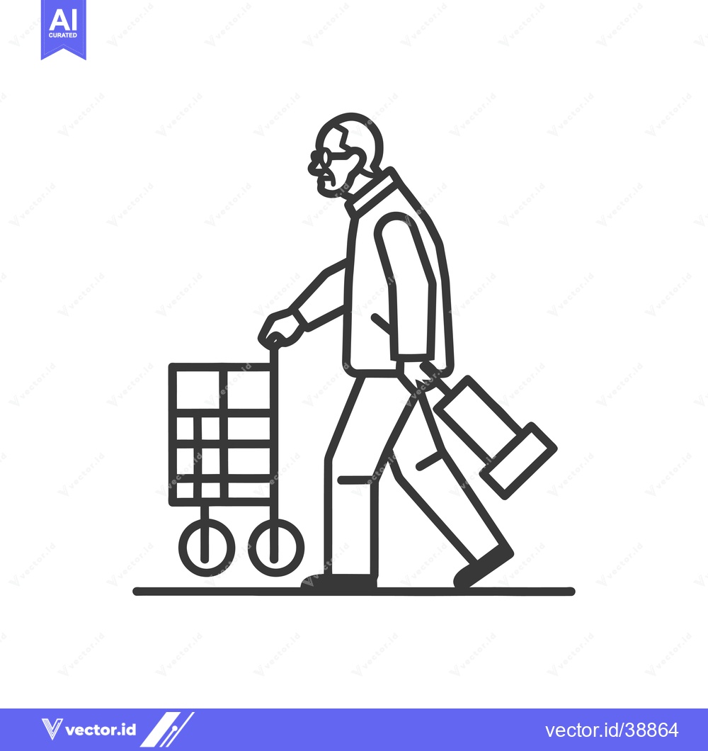 Premium Vector of Elderly Man Pushing Shopping Cart and Carrying a Bag