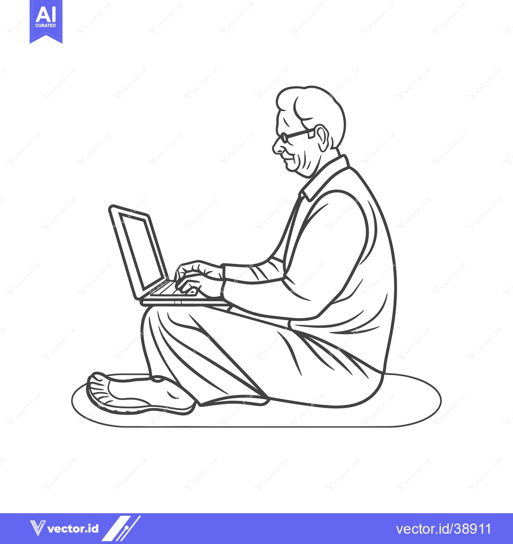 Premium Vector dari Elderly Man Sitting and Using a Laptop
