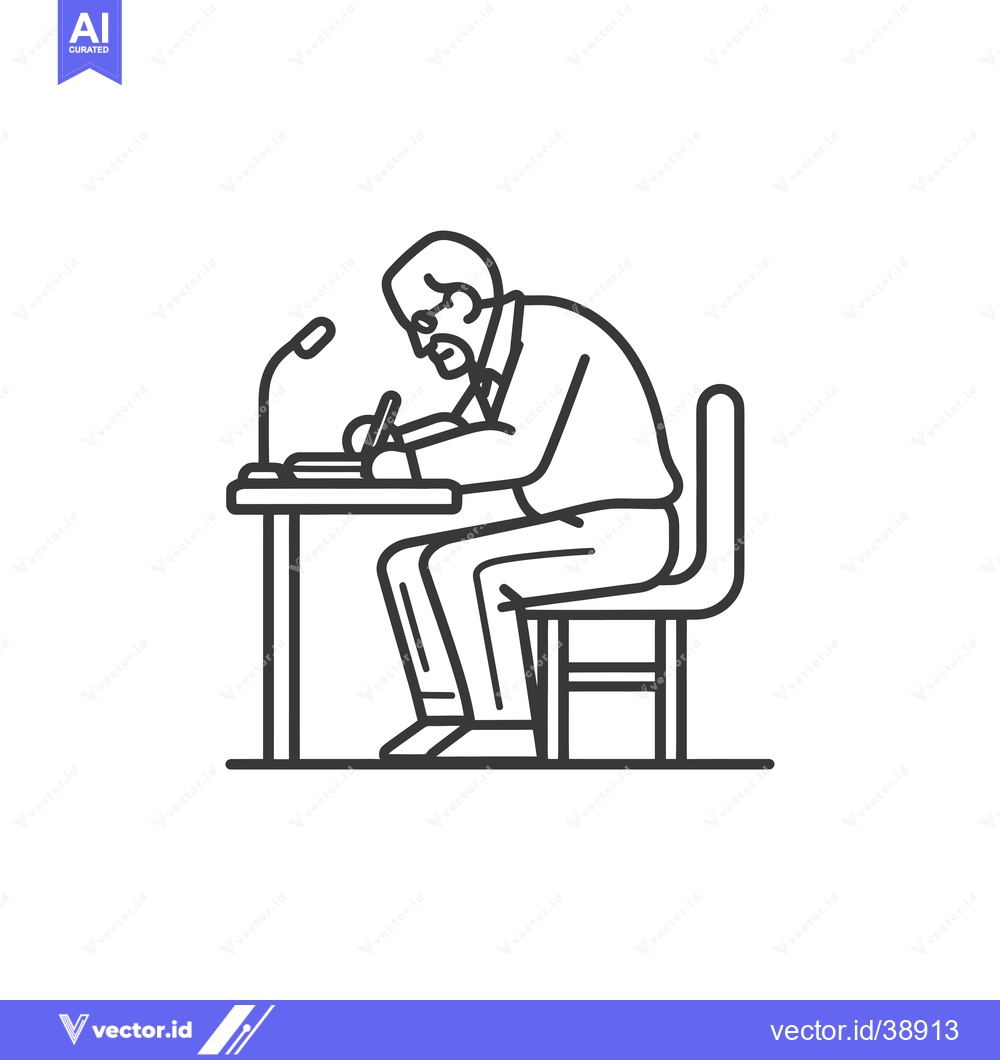 Premium Vector of Elderly Man Sitting at a Desk Writing with a Microphone in Front of Hi