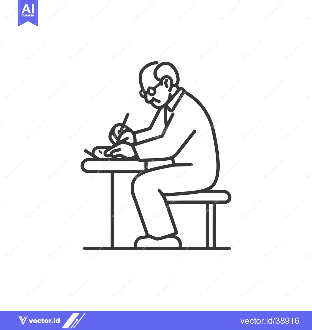 Premium Vector of Elderly Man Sitting at a Table with a Pen in Hand