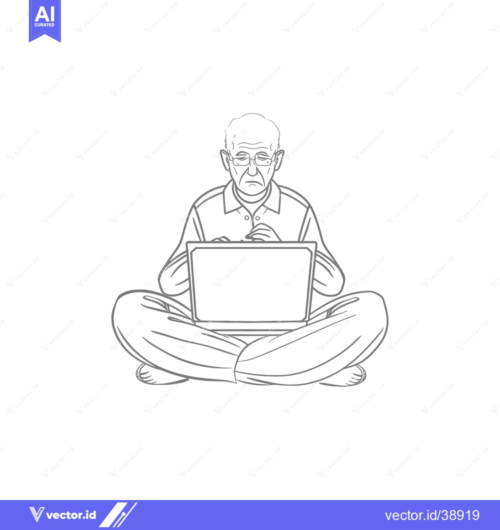 Premium Vector dari Elderly Man Sitting Cross-Legged on the Floor Using a Laptop