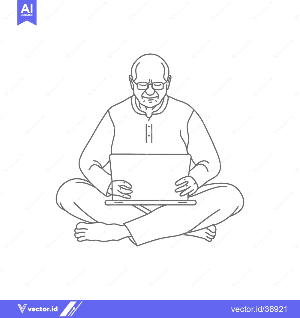 Premium Vector of Elderly Man Sitting Cross-legged with Laptop