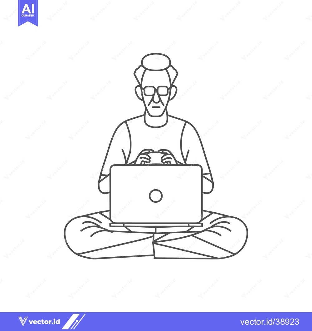 Premium Vector dari Elderly Man Sitting in Lotus Position Using Laptop