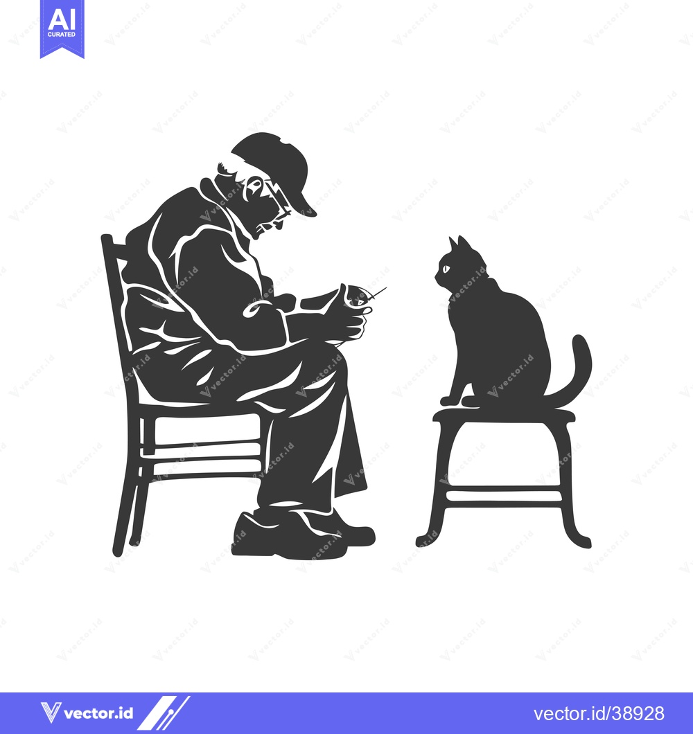 Premium Vector dari Elderly Man Sitting on a Chair with a Cat on a Stool