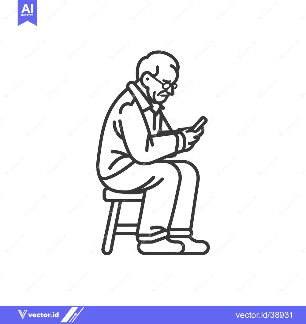 Premium Vector dari Elderly man sitting on a stool, looking at a phone
