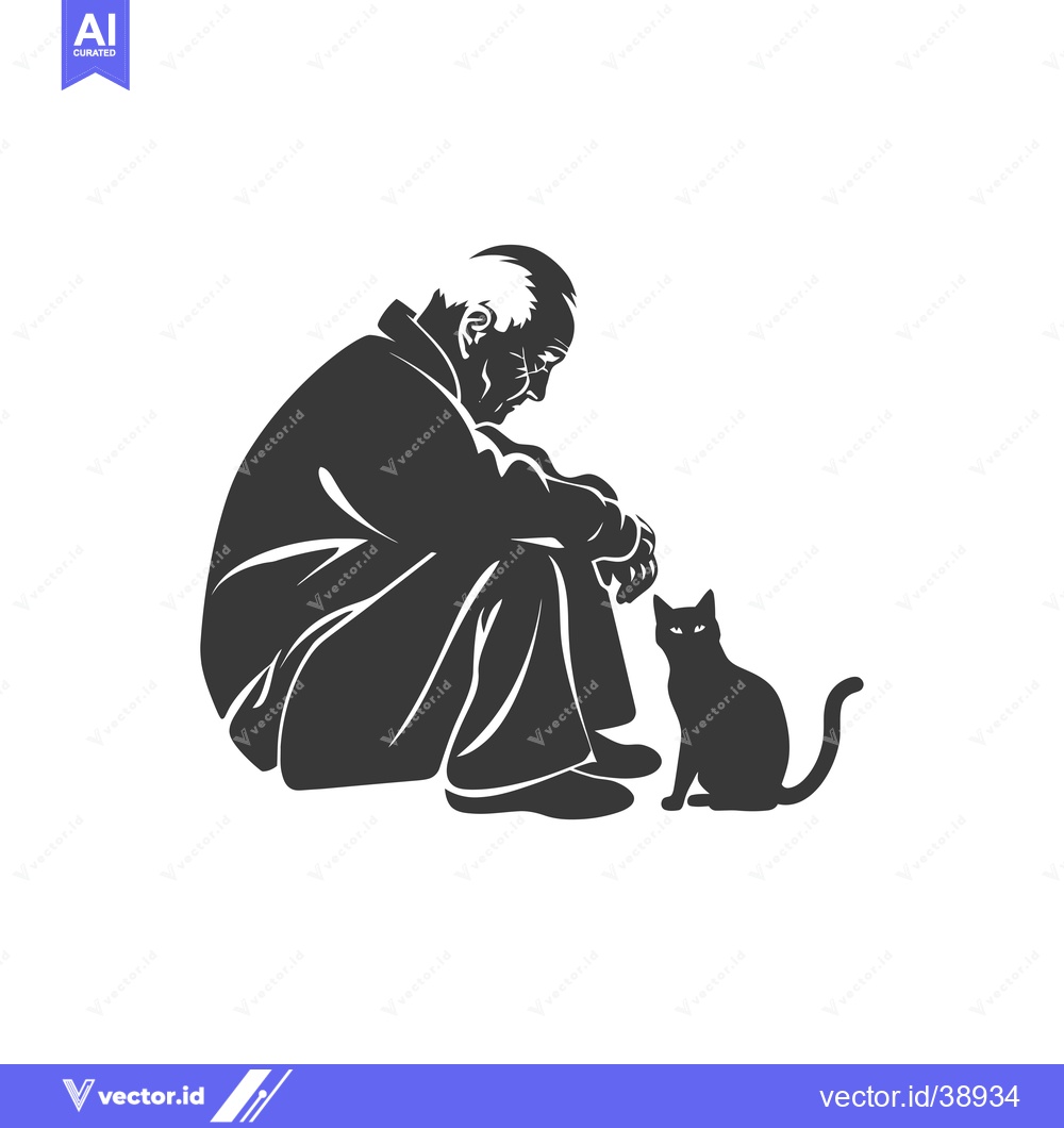 Premium Vector of Elderly Man Sitting with a Cat