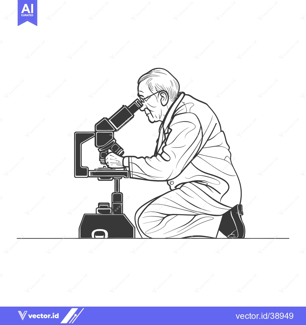 Premium Vector dari Elderly Man Using a Microscope, Kneeling and Looking Through the Lens