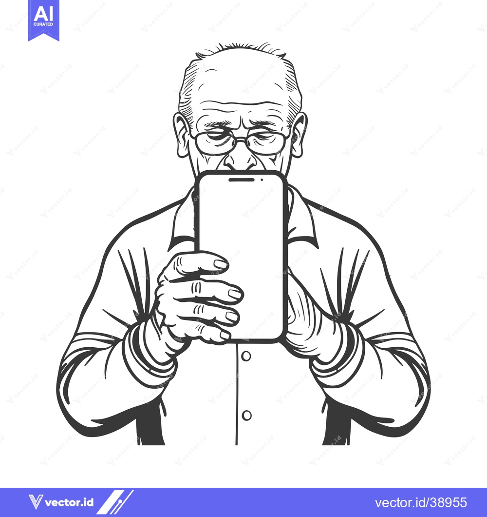 Premium Vector dari Elderly Man Using Smartphone, Black and White Line Art
