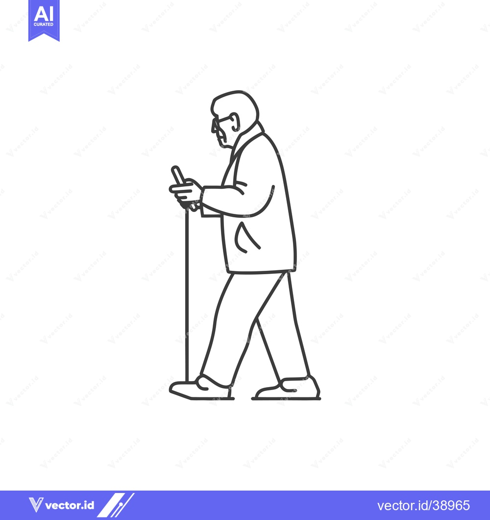 Premium Vector dari Elderly Man Walking with Cane and Using Smartphone
