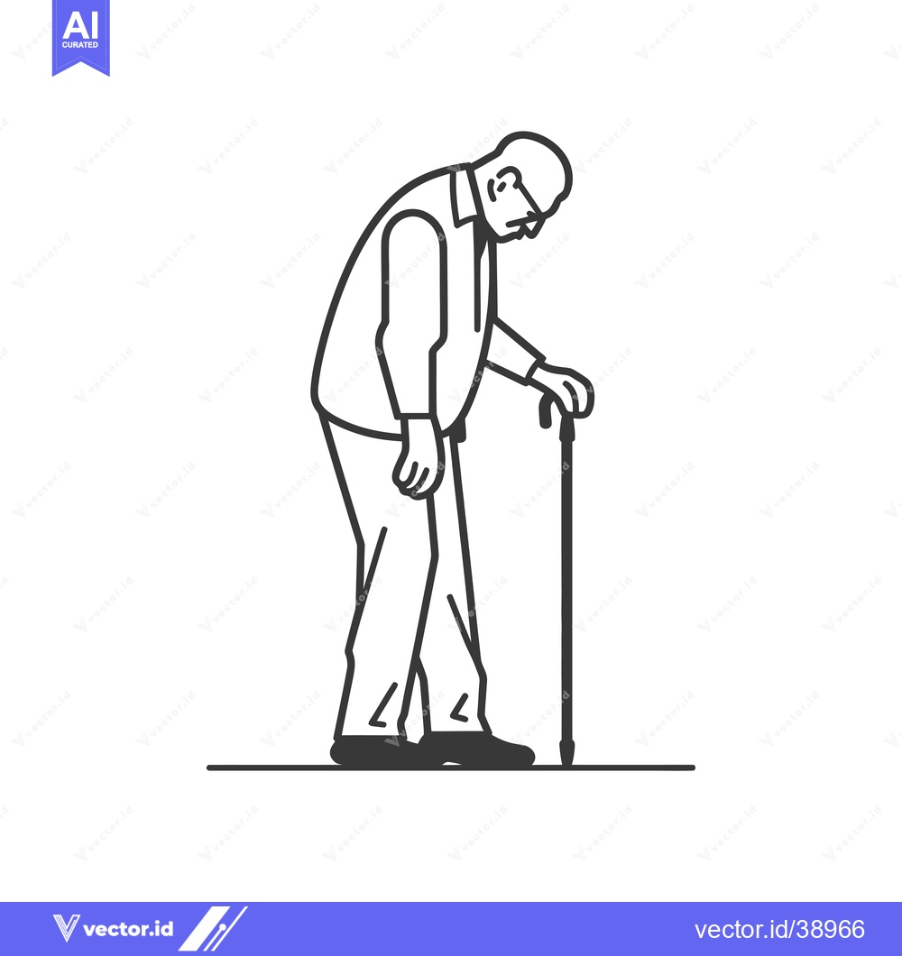 Premium Vector dari Elderly Man Walking with Cane, Line Drawing Illustration