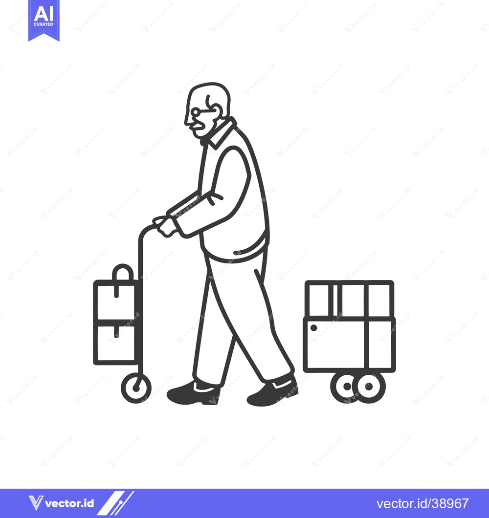 Premium Vector of Elderly Man Walking with Handcart and Cart Full of Boxes