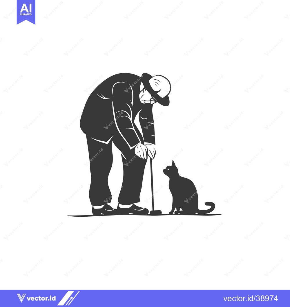 Premium Vector dari Elderly man with a cane looking at a cat