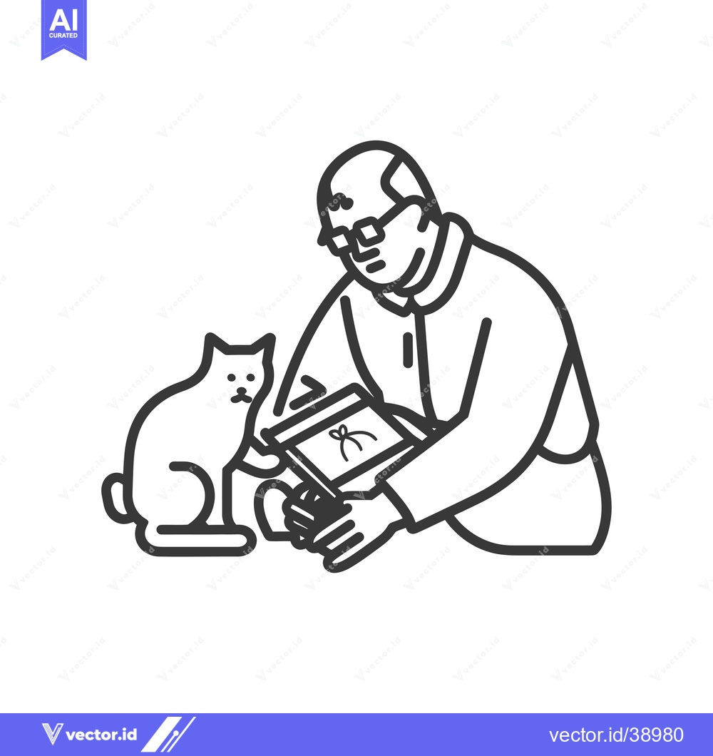 Premium Vector dari Elderly Man with Cat Looking at a Tablet