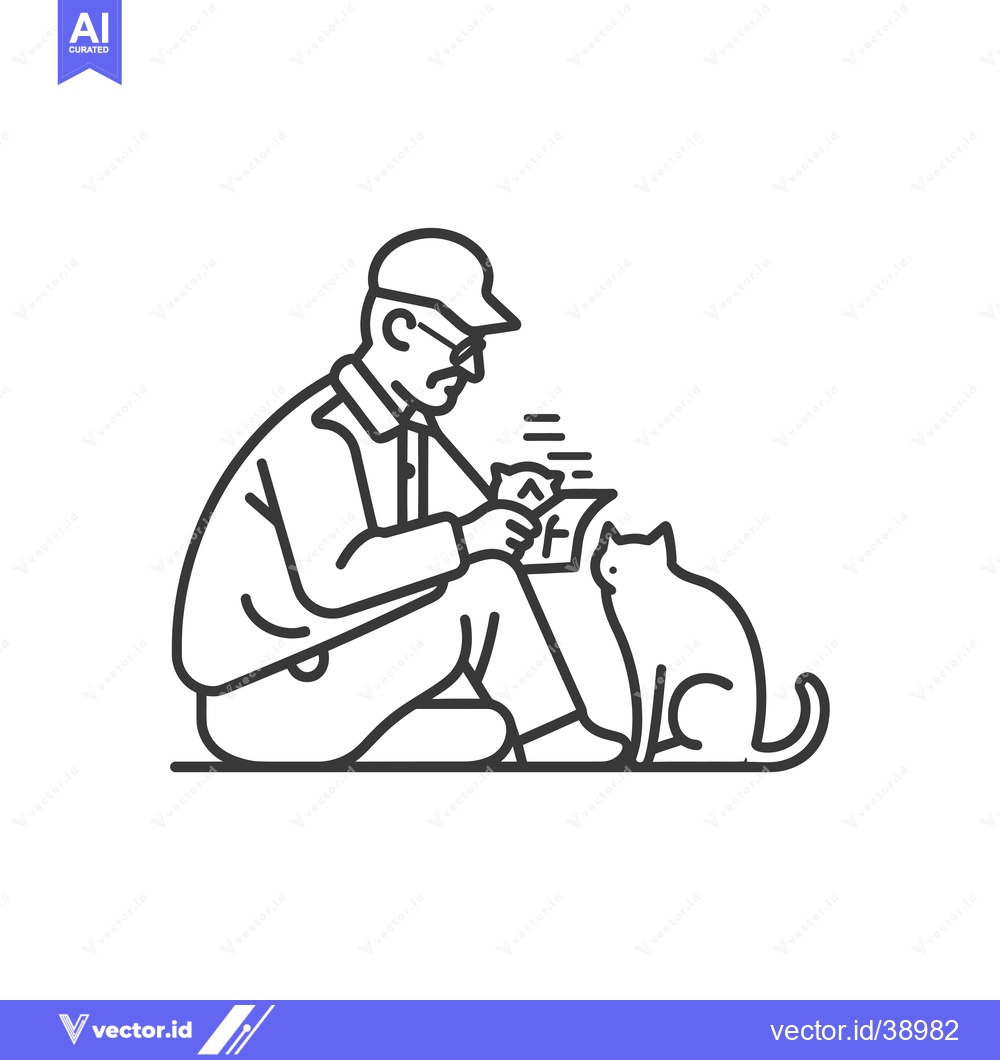 Premium Vector dari Elderly Man with Glasses and Cap Looking at a Photograph with a Cat Be