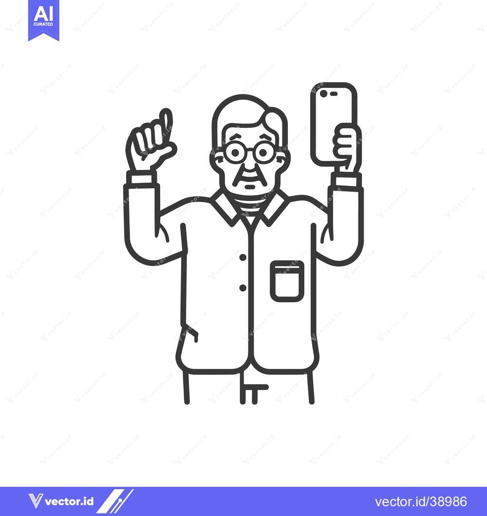 Premium Vector dari Elderly Man with Glasses Holding a Smartphone and Making a Fist