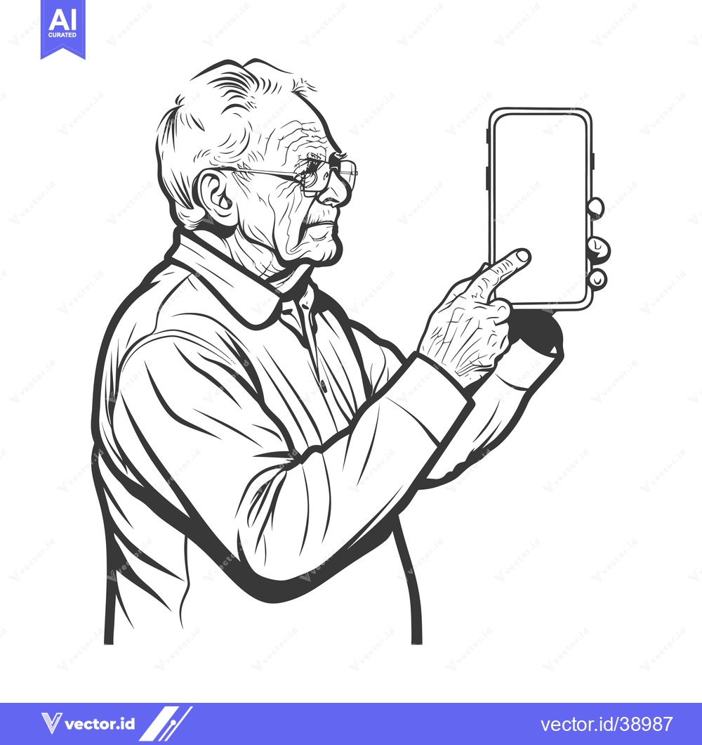 Premium Vector of Elderly Man with Glasses Holding Smartphone and Pointing at Screen