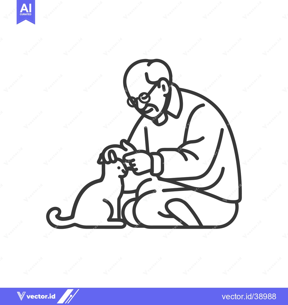 Premium Vector dari Elderly man with glasses kneeling down and petting a cat