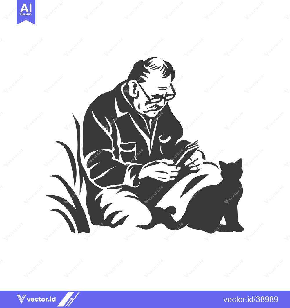 Premium Vector of Elderly Man with Glasses Sitting with Cat and Grass