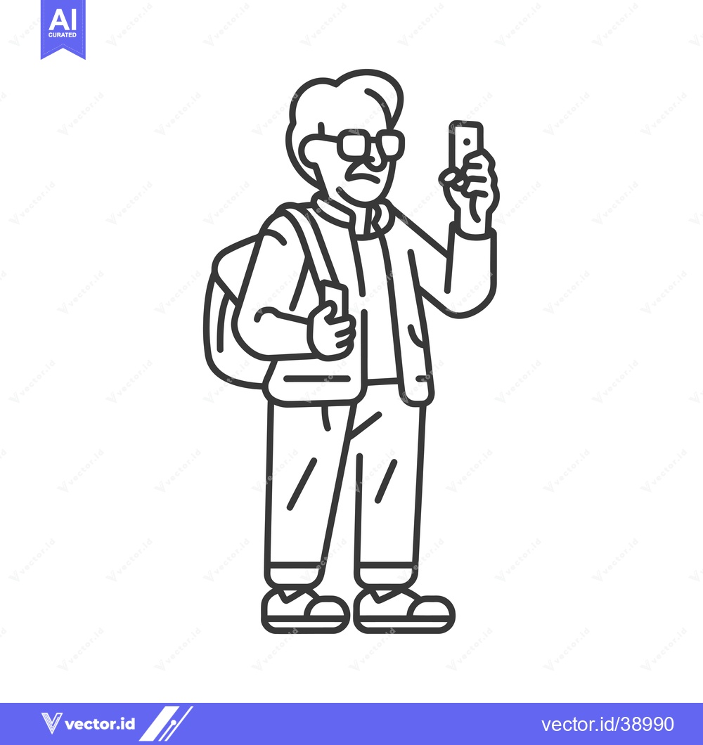 Premium Vector of Elderly Man with Glasses Using a Smartphone While Wearing a Backpack