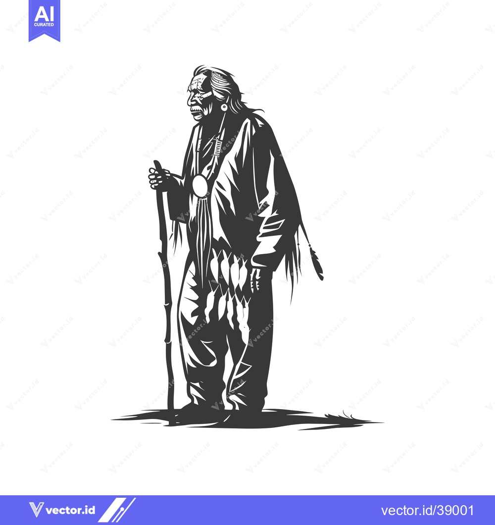 Premium Vector of Elderly Native American man in traditional attire holding a walking st