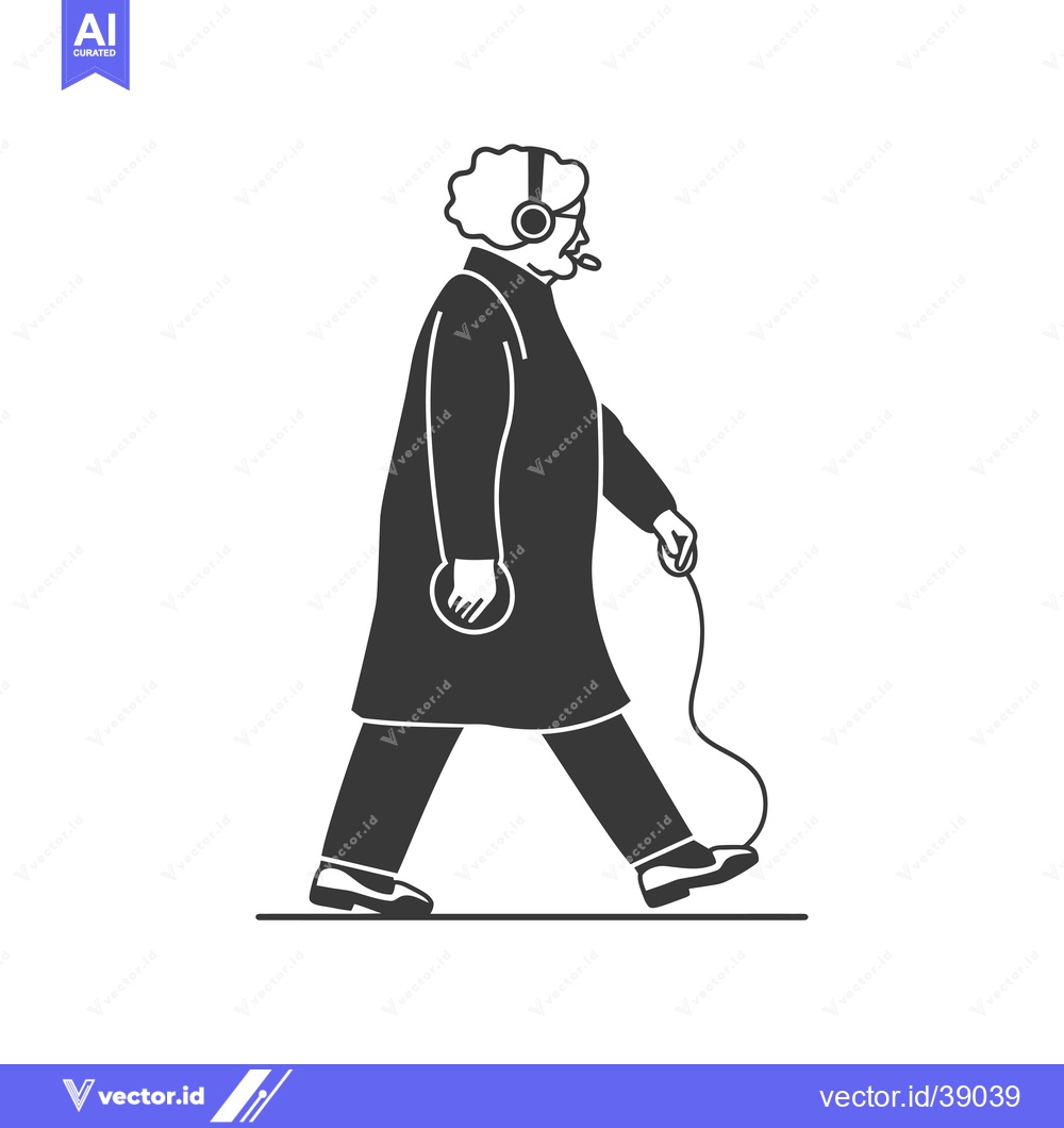 Premium Vector dari Elderly Person Walking with Headphones and Holding a Phone